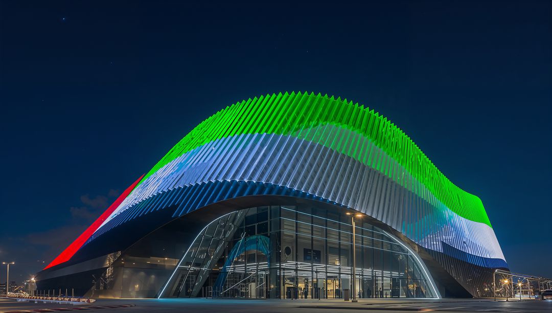 Wavy LED-lit Facade Illuminating Arched Glass Entrance at Night, Multicolor Modern Architecture