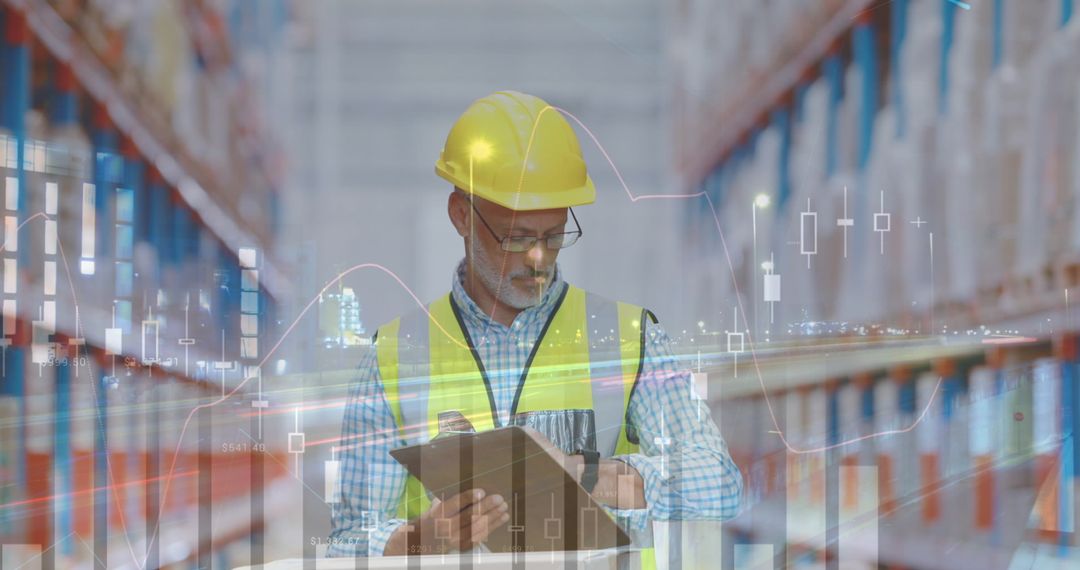 Warehouse worker analyzing logistics and data integration