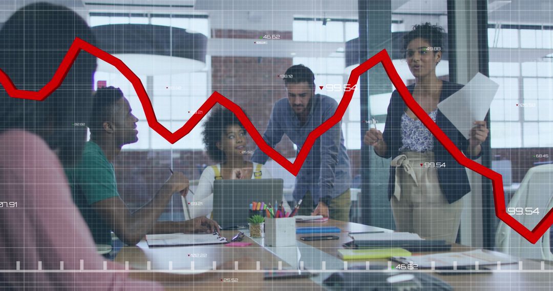 Team Strategy Discussion with Declining Graph Overlay