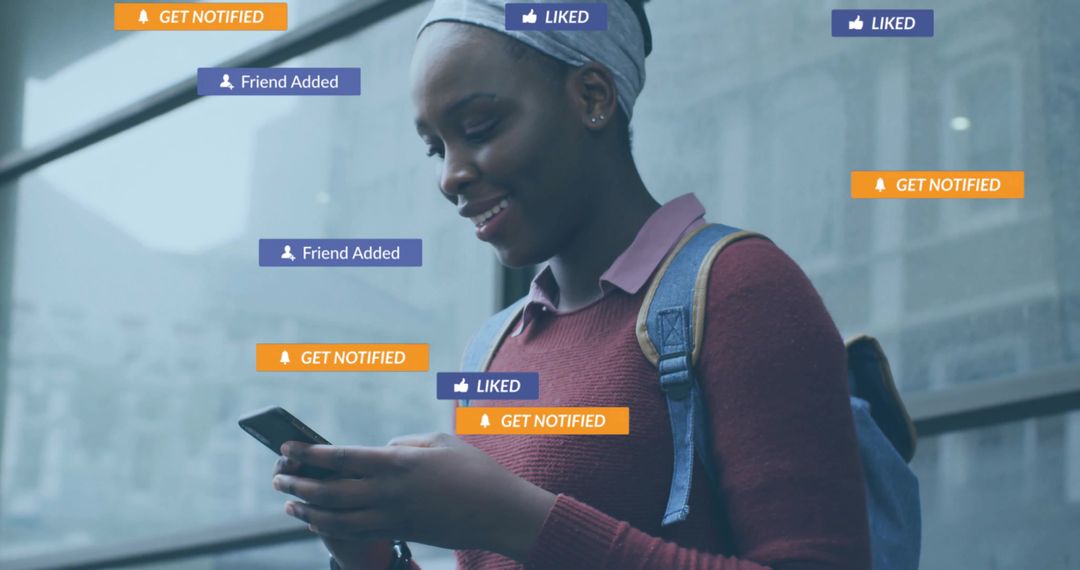 Smiling Student Engaged with Social Media Notifications Outdoors