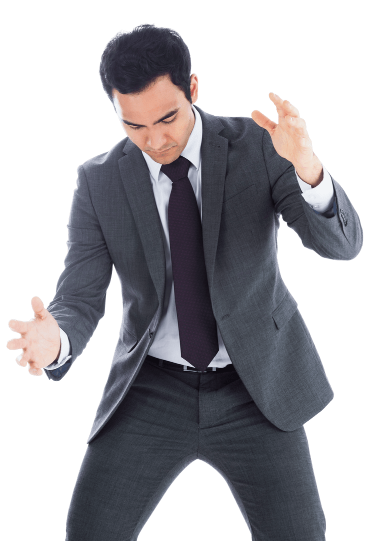 Confident Businessman in Suit Expressing with Open Arms