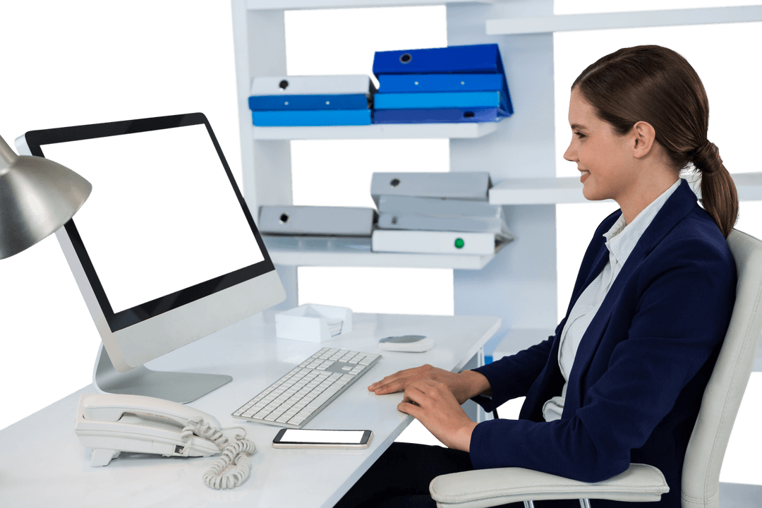 Transparent Businesswoman Working at Modern Office Desk