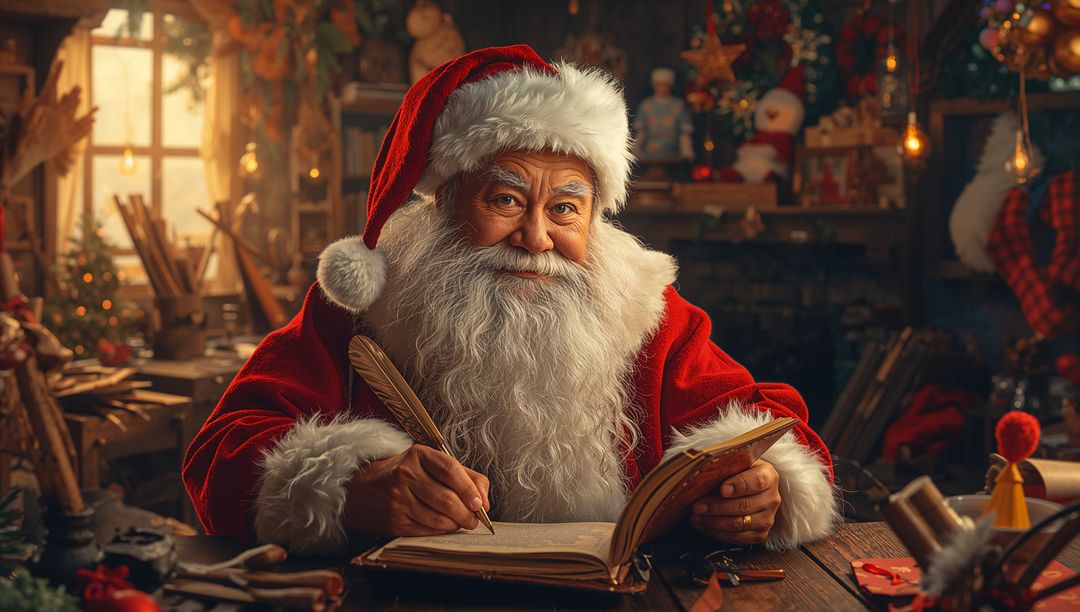 Santa Claus Writing in Cozy Workshop with Quill and Book