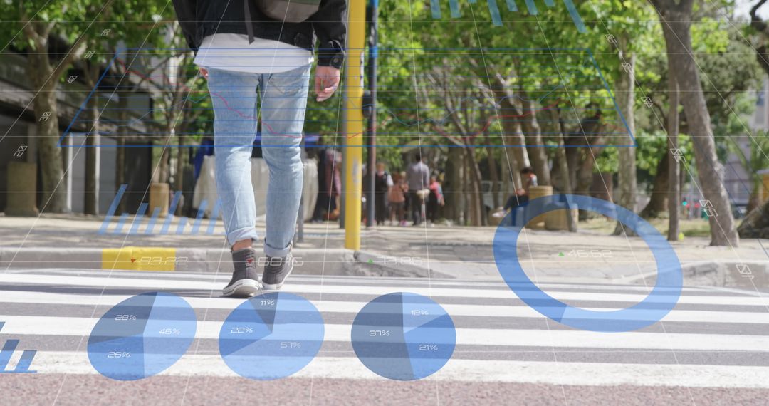 Person Walking in City with Futuristic Data Charts Overlay
