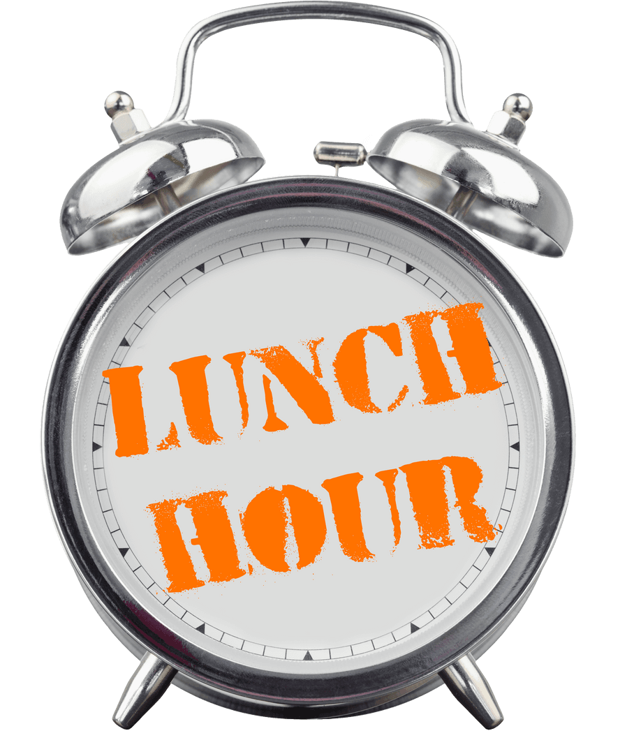 Transparent Silver Alarm Clock with Lunch Hour Text Overlay