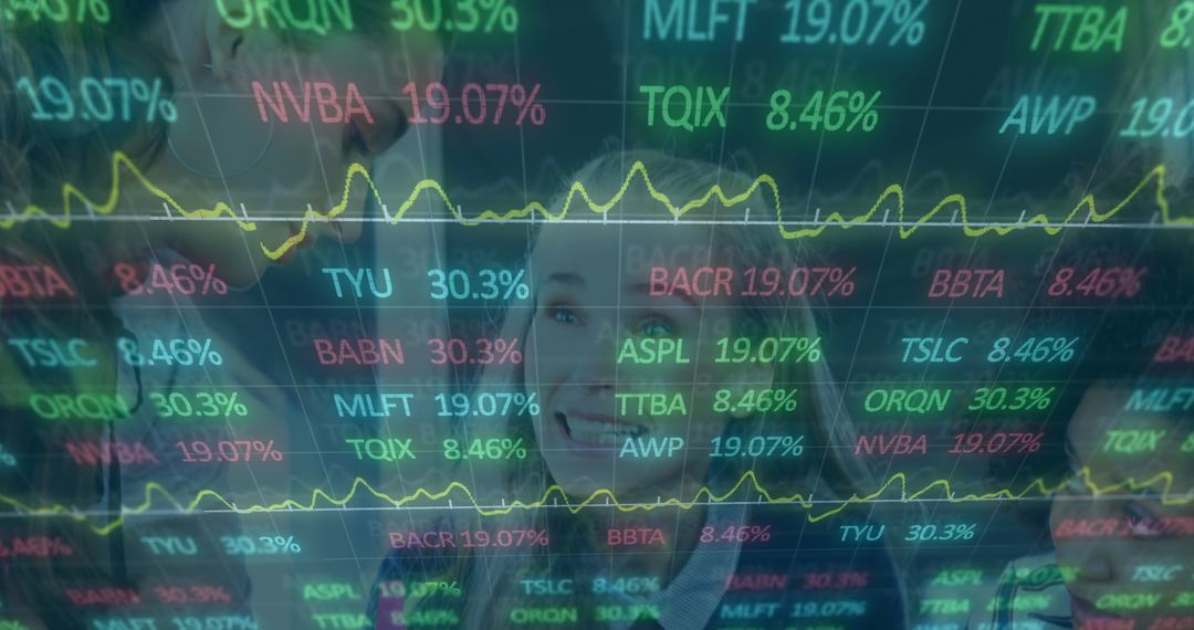 Financial Analysts Reviewing Tech Stock Indicators on Transparent Display