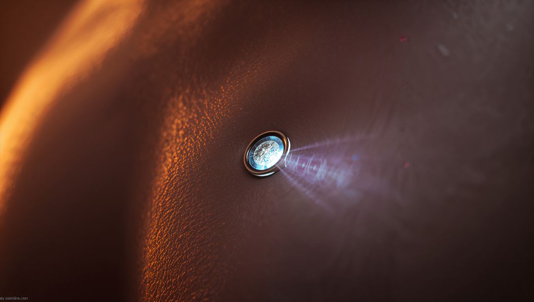 Shining Metal Door Peephole Reflecting Bluish-White Light with Lens Flare and Texture