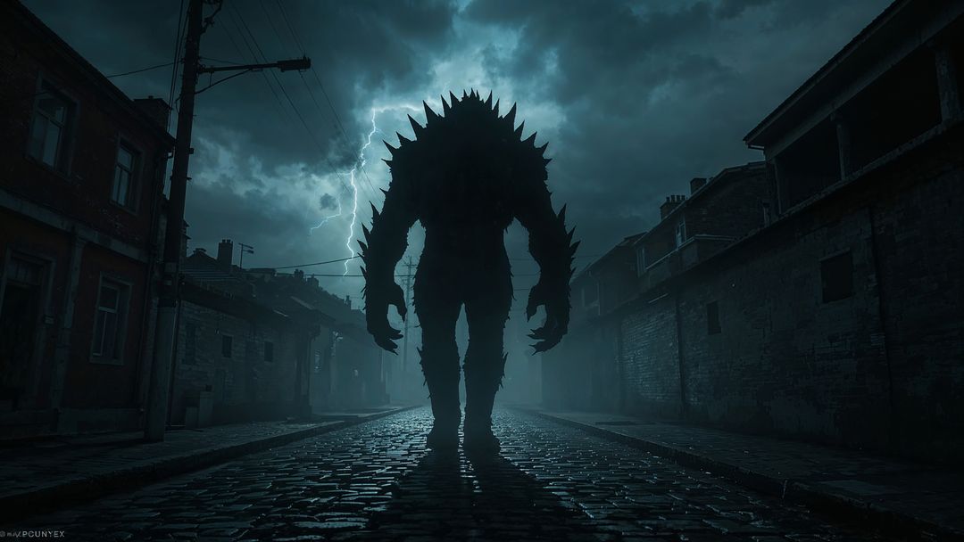 Spiky Shadow Figure Walks Foggy Seductive Cobbled Street