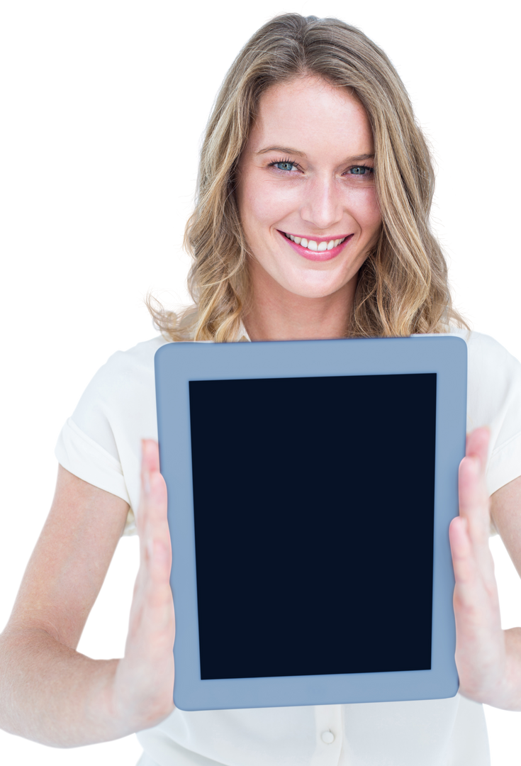 Smiling Woman Displaying Tablet Device on Transparent Background - Download Free Stock Images Pikwizard.com