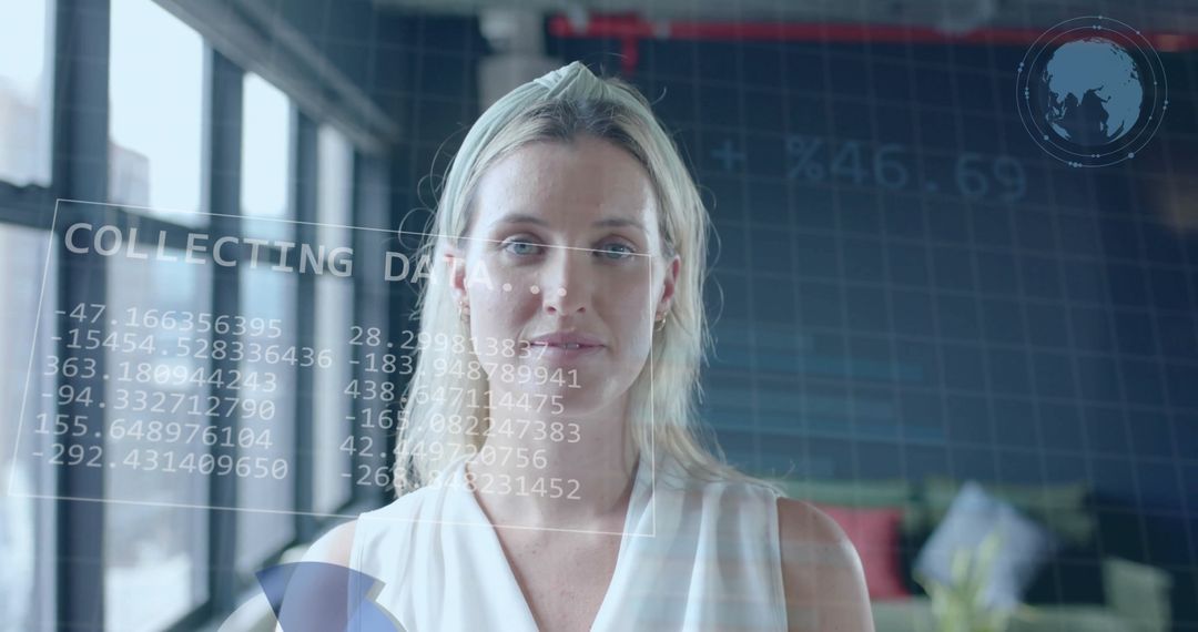 Businesswoman Analyzing Data on Transparent Screen