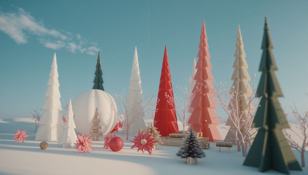 Festive Geometric Trees with Ornaments in Winter Wonderland