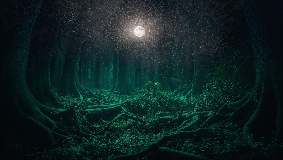 Mystical Moonlit Forest with Enchanting Glow and Luminescent Particles