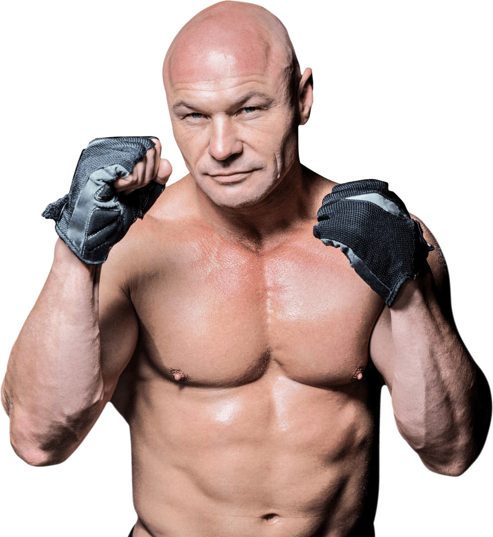 Transparent Portrait of Bald Fighter with Boxing Gloves