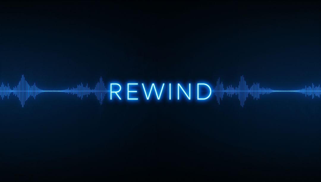 Glowing Neon REWIND Text with Horizontal Audio Waveform Dark Futuristic Interface Background