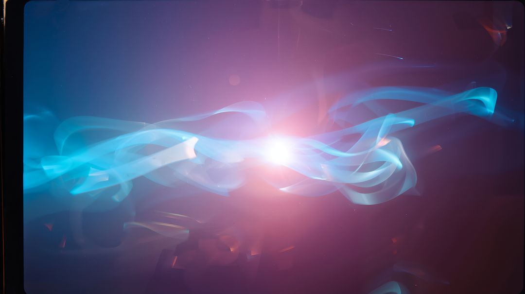 Glowing Cyan Ribbons Twisting Across Purple-Maroon Field, Central Flare and Orange Sparks