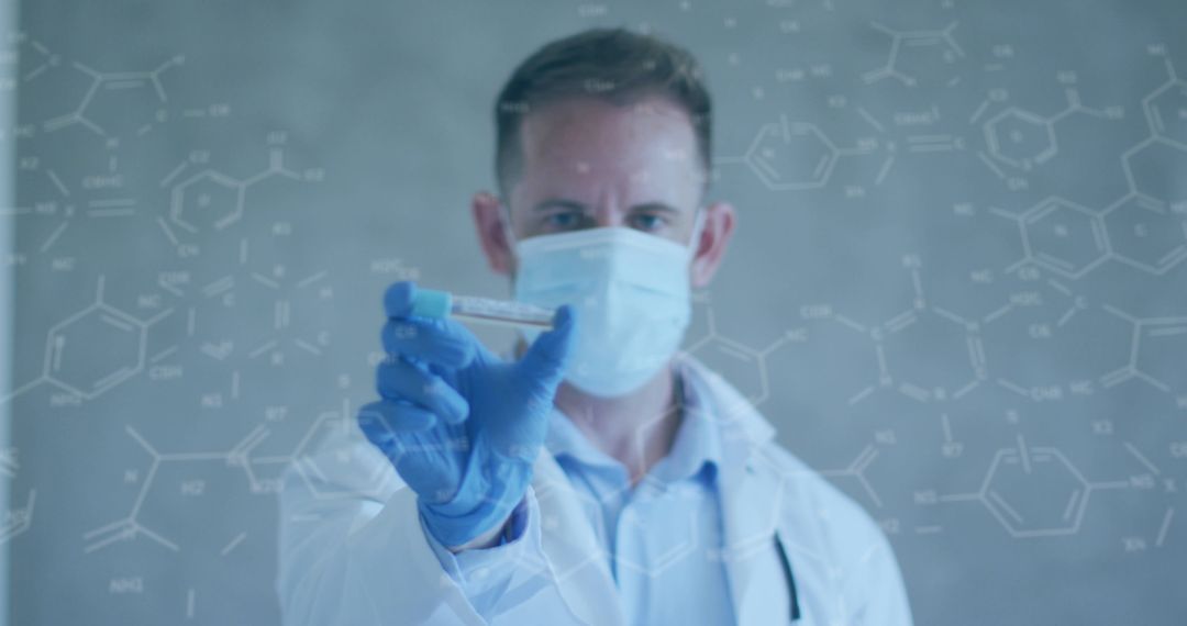 Scientist Examining Vaccine Sample with Digital Chemical Structures