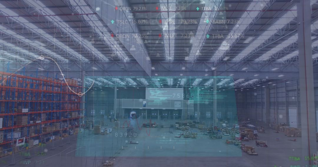 Futuristic Warehouse with Data Interface Overlaying Logistics Scene