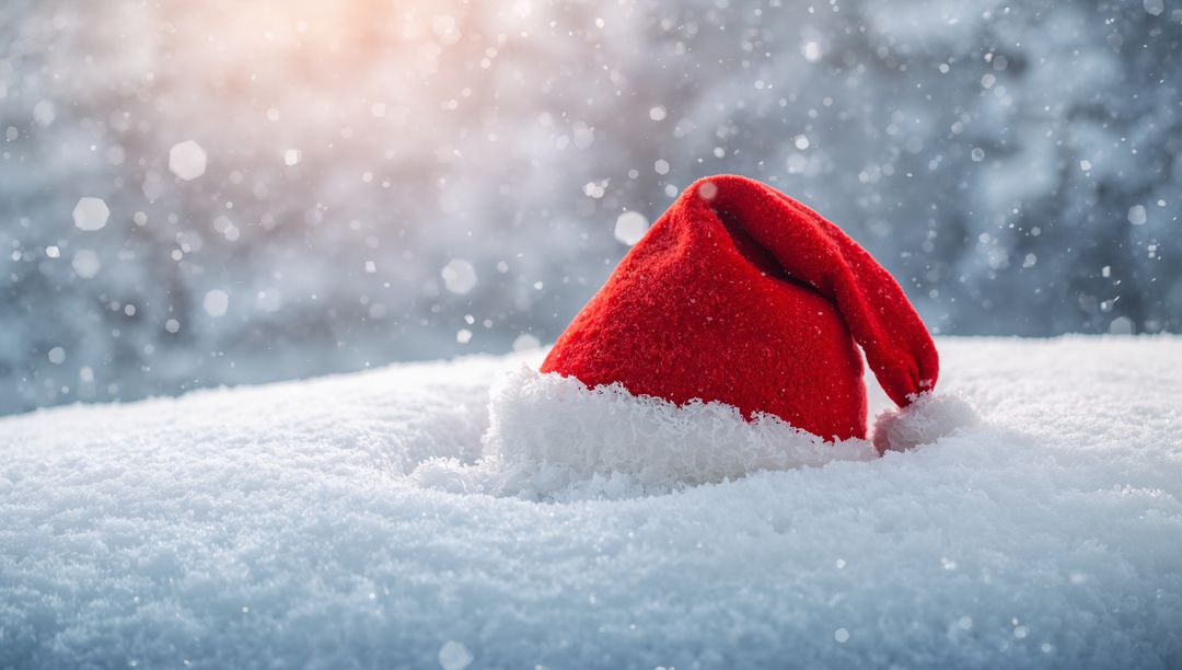 Red Santa Hat Sinking into Fresh Snow with Falling Flakes and Sunlight Flare