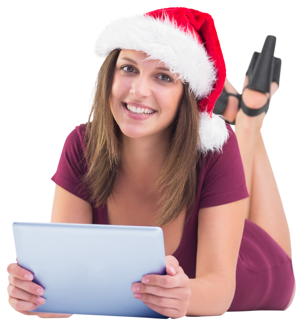 Happy Woman in Santa Hat Using Tablet in Transparent Background - Download Free Stock Images Pikwizard.com