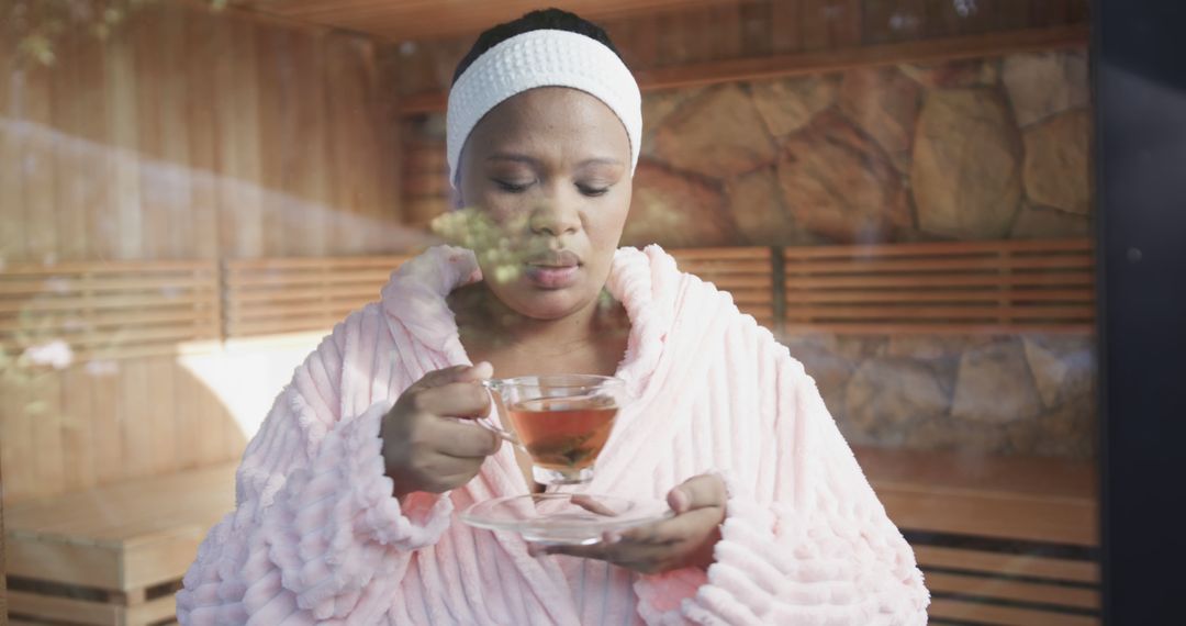African american plus size woman wearing bathrobe drinking tea in sauna at home - Free Images, Stock Photos and Pictures on Pikwizard.com