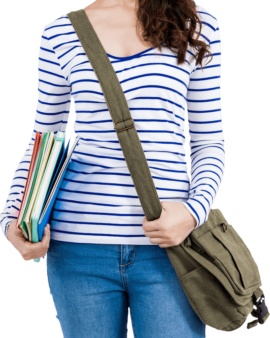 Student Carrying Books and Stylish Shoulder Bag Transparent Background