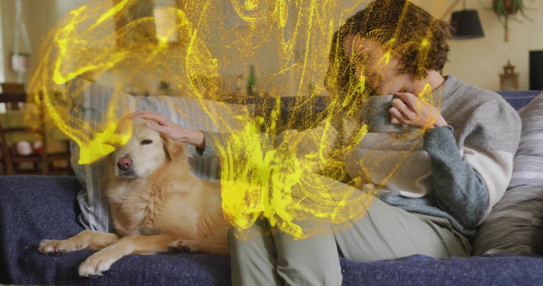 Woman in Sweater Relaxing with Golden Retriever on Sofa, Artistic Effect