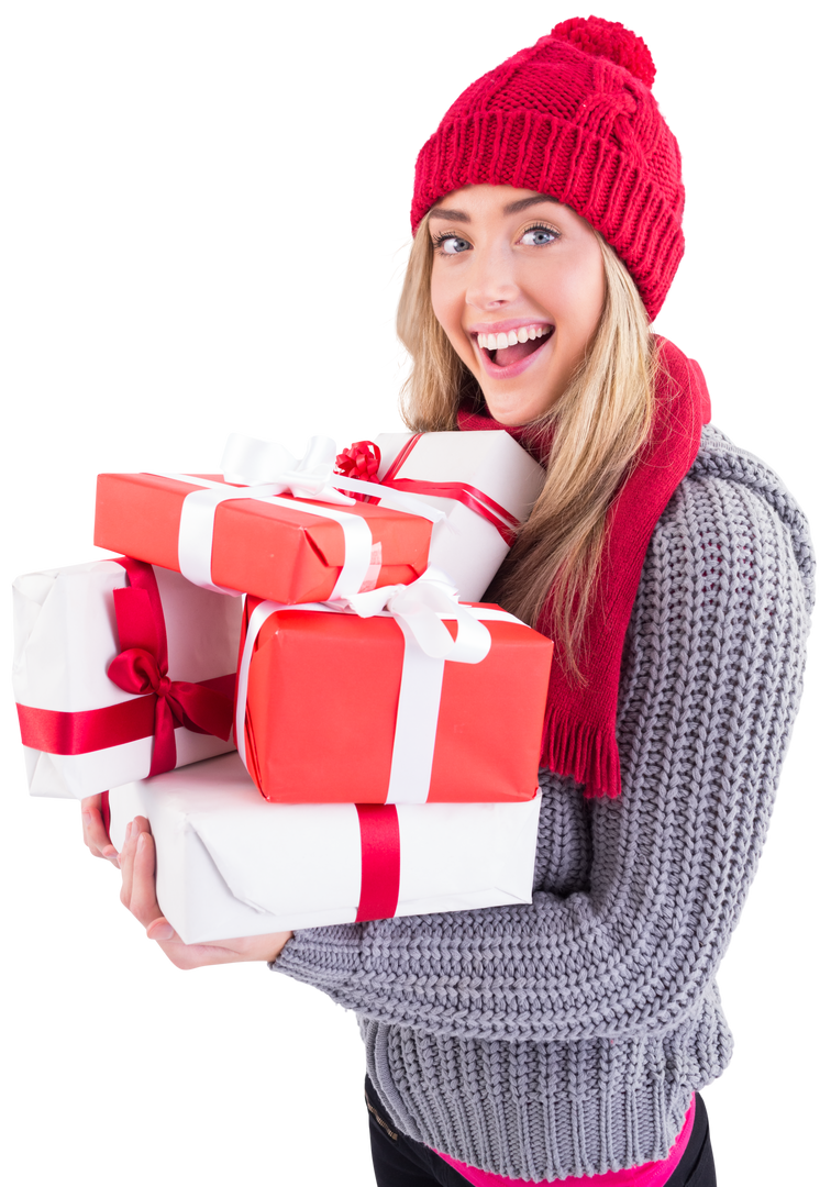 Transparent Smiling Woman Holding Festive Gift Boxes with Red Bow - Download Free Stock Images Pikwizard.com