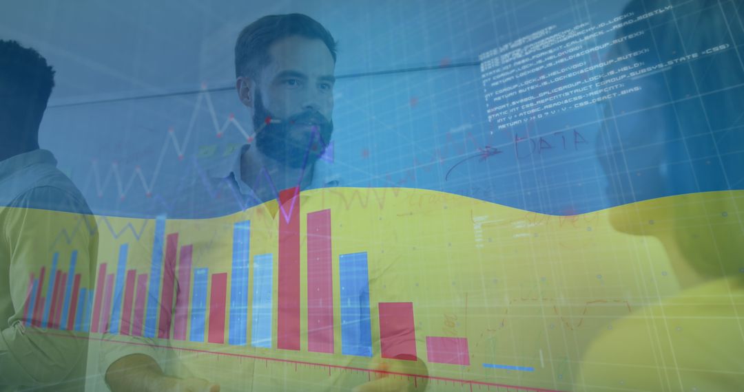 Diverse Business Team Analyzing Financial Data with Ukraine Flag Overlay