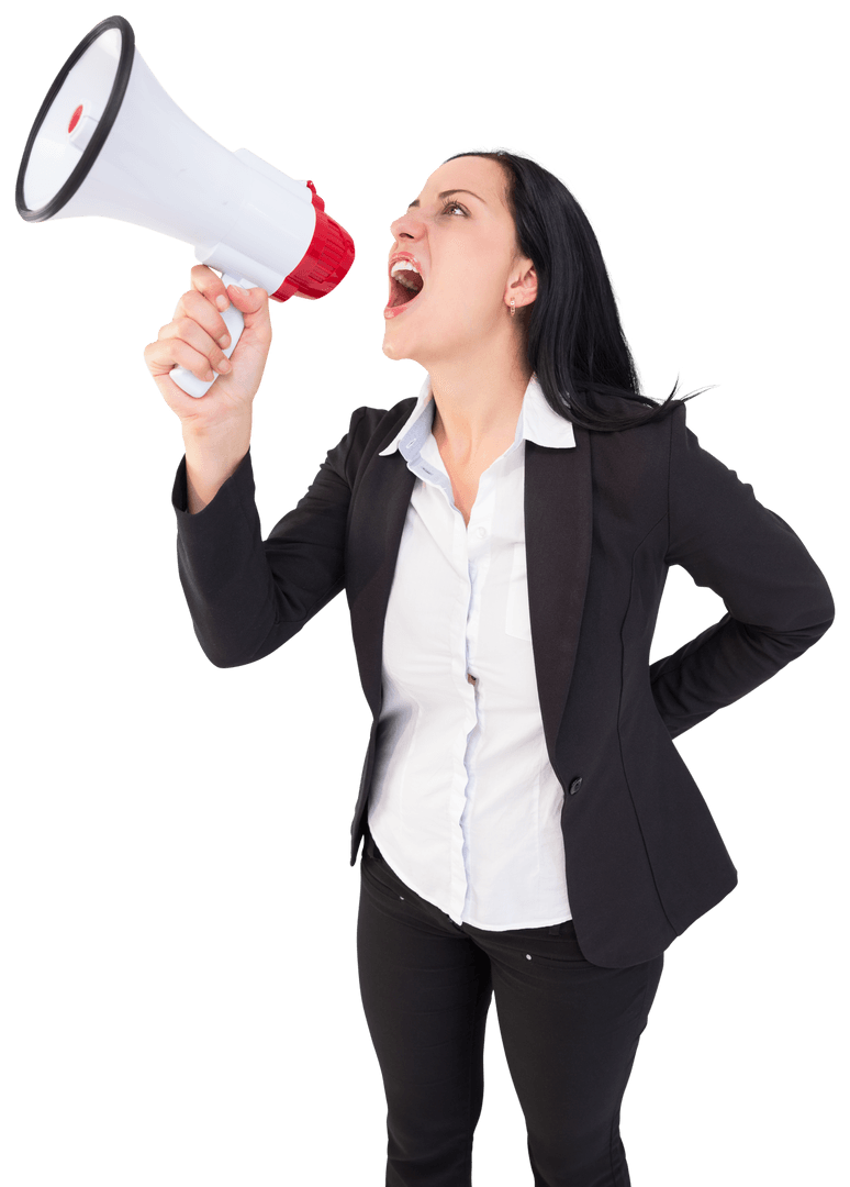 Transparent Motivated Businesswoman Shouting through Megaphone