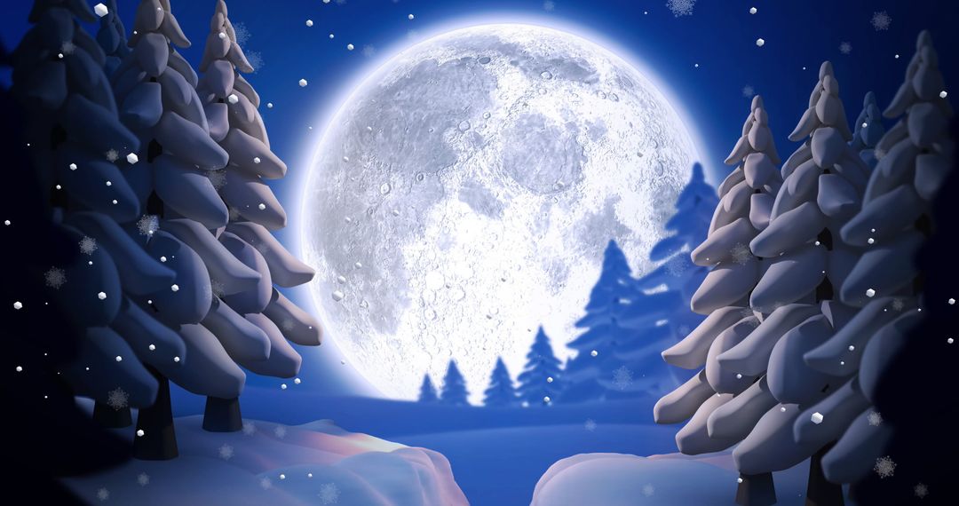 Enchanting Winter Wonderland with Full Moon and Snowfall