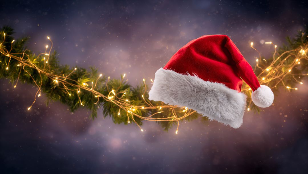 Santa Hat Floating Above Lighted Evergreen Garland with Warm Bokeh Holiday Glow