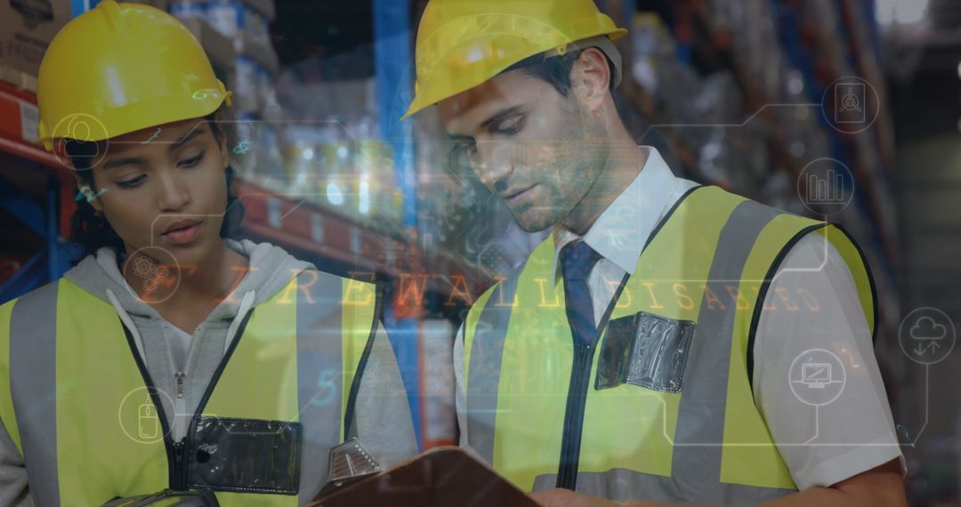 Workers Analyzing Logistics with Cybersecurity Overlay