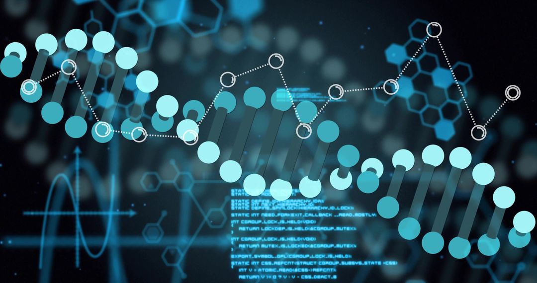 Pulsing DNA helix in futuristic data dashboard with dotted-line graph and hexagon lattice