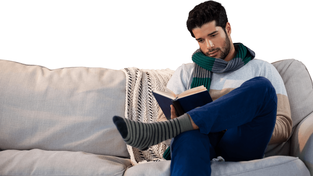 Transparent Background Man Reading Book on Sofa Cozy Setting