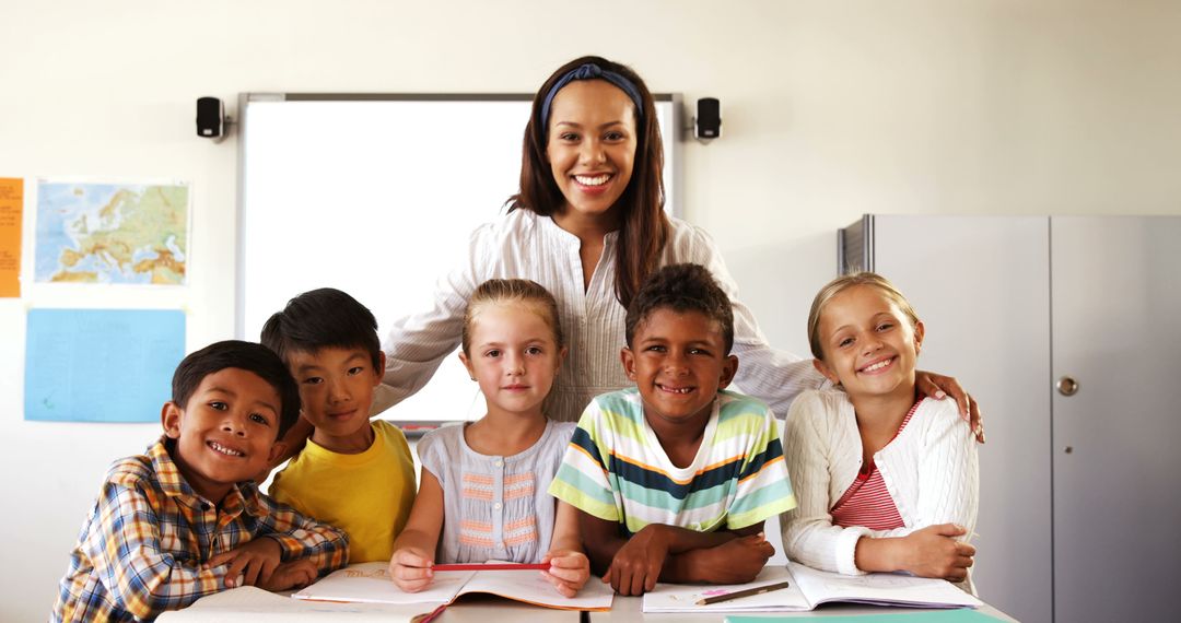 Diverse Classroom Teacher With Happy Students