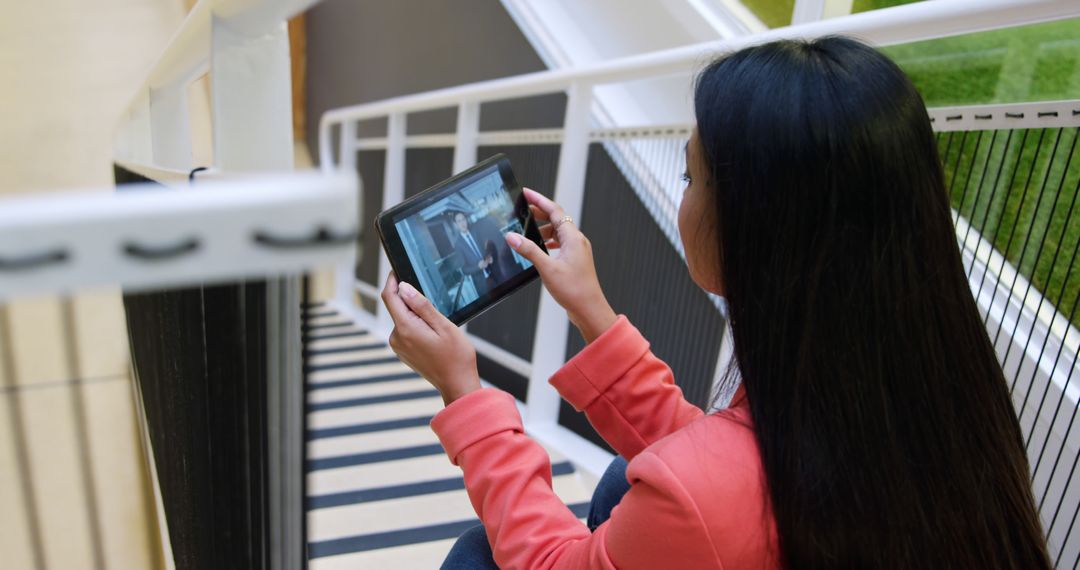 Woman Watching Video on Tablet Sitting on Staircase - Free Images, Stock Photos and Pictures on Pikwizard.com