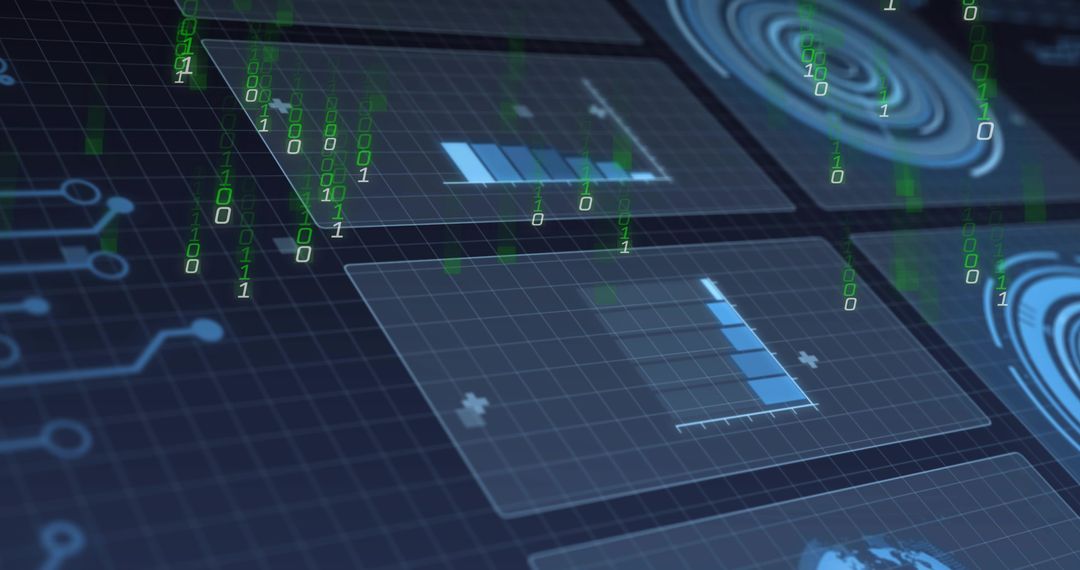 Holographic Data Panels Floating Over Grid Streaming Binary Digits and Futuristic HUD