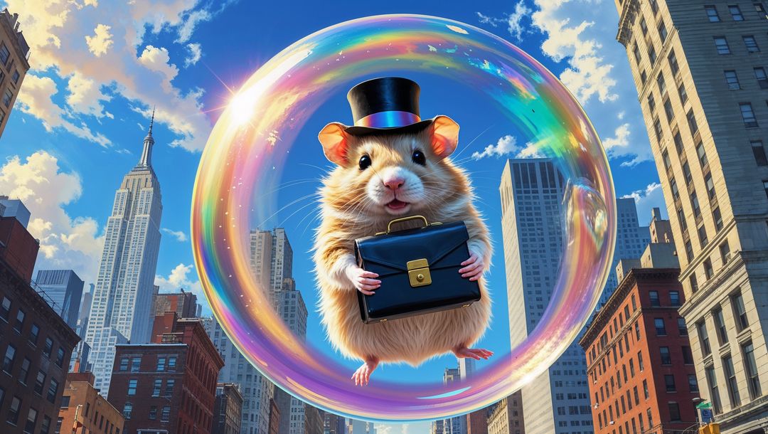 Whimsical Hamster in Top Hat Floating Above Urban Skyline