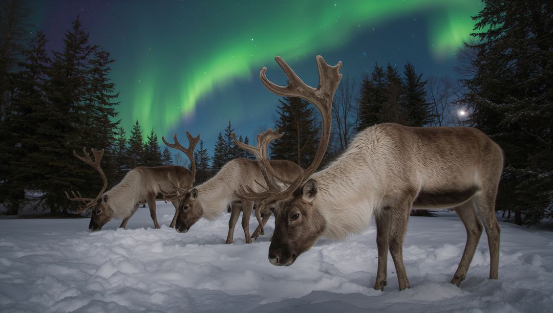 Foraging Reindeer Herd Under Dancing Aurora Borealis in Snowy Pine Forest Moonlit Night