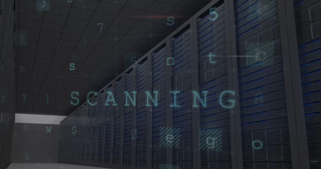 Data Processing in Modern Server Room with Digital Interface Overlay