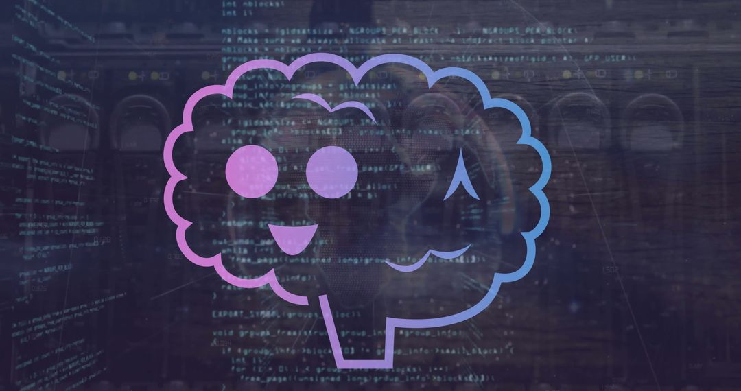 Smiling brain icon with code background in tech concept art