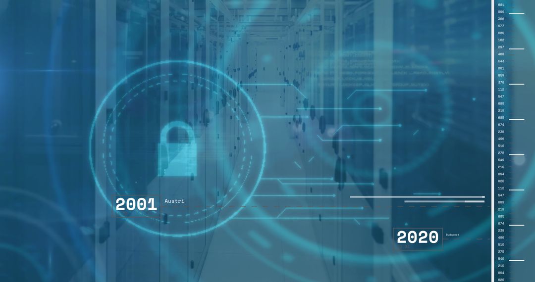 Digital Security Padlock Overlaid on Data Center Environment