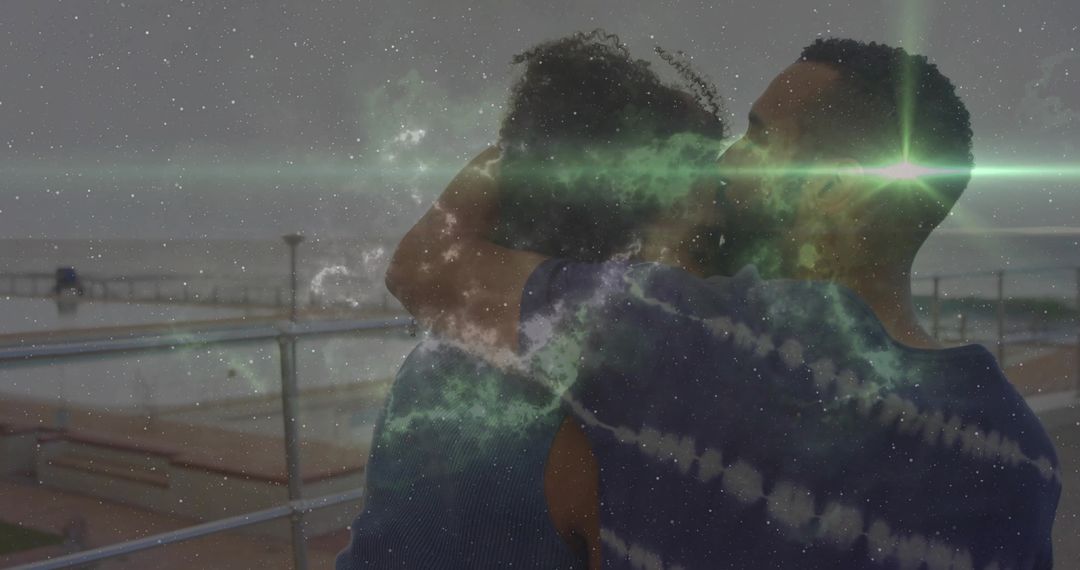 Couple Embracing at Ocean Front with Cosmic Nebula Effects