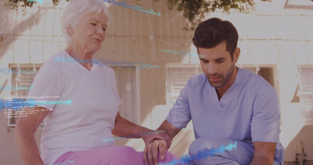 Physiotherapist Assisting Senior Woman with Tech Visualization