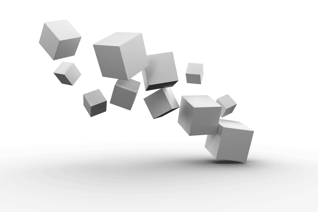 Transparent 3D White Cubes Tumbling in Abstract Motion