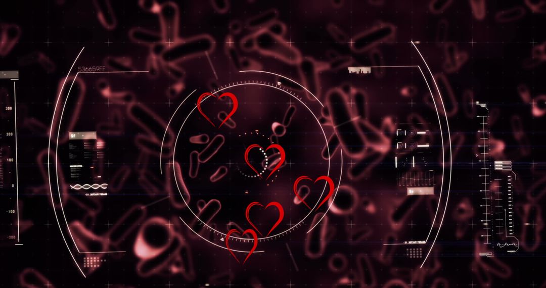 Futuristic Red Hearts Digital Interface with Abstract Shapes