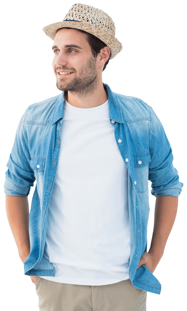 Hipster Man in Denim Shirt with Transparent Trilby Hat