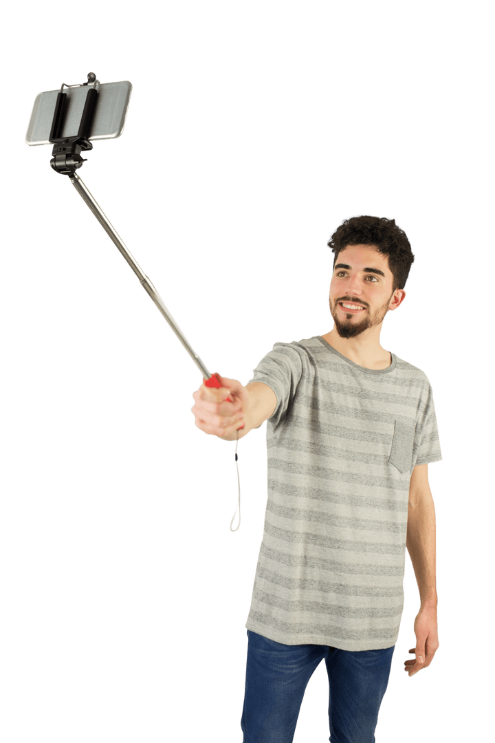 Casual Man Taking Selfie with Smartphone on Transparent Background