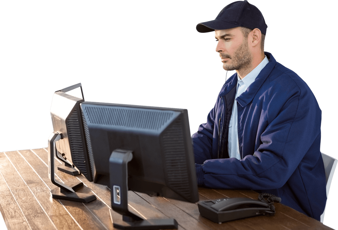 Transparent Office Security Desk Working Two Monitors