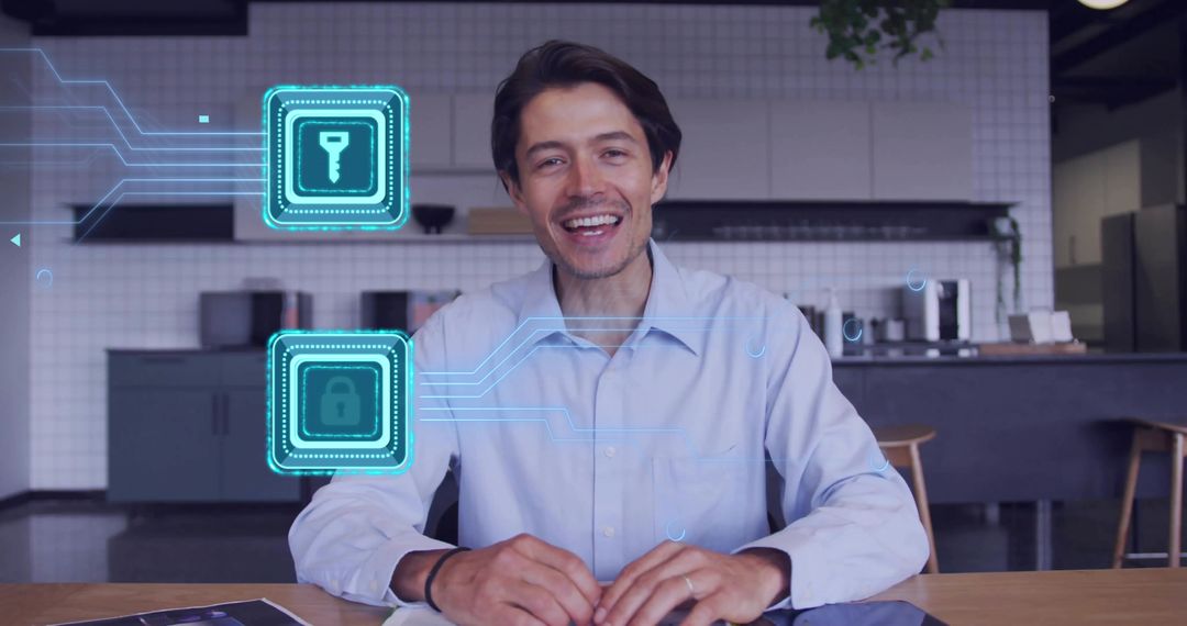 Smiling presenter demonstrating cybersecurity with holographic UI in coworking kitchen